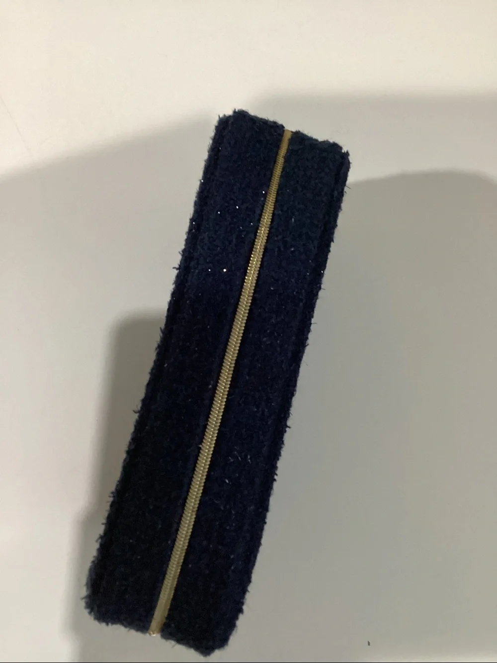 CHANEL Navy Blue Tweed Beaute cosmetic bag with Gold Logo